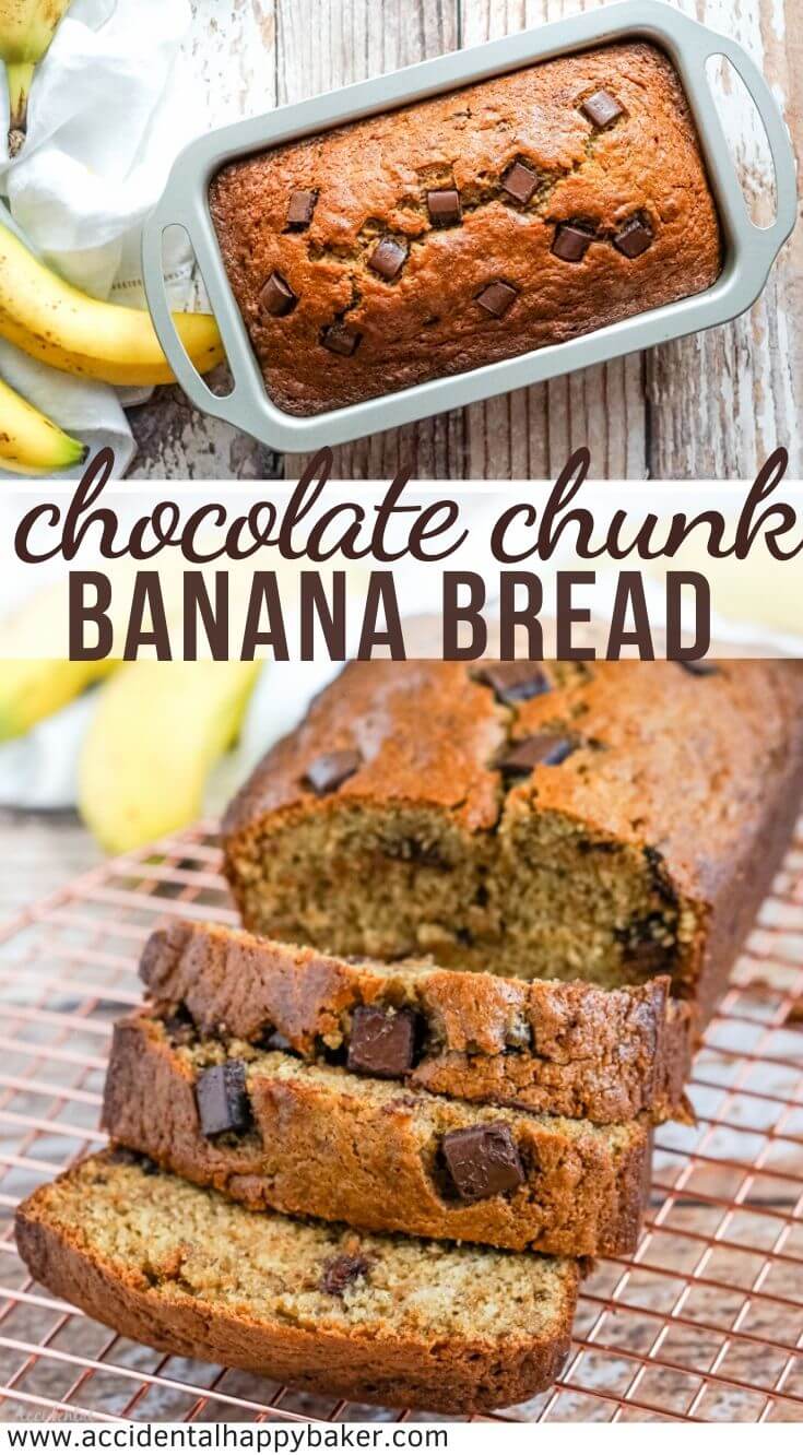 You are going to fall in love with how delicious and easy this chocolate chunk banana bread is! Only one bowl to wash. No special tools required. And a loaf of moist and sweet banana bread studded with chocolate chunks in around one hour! 