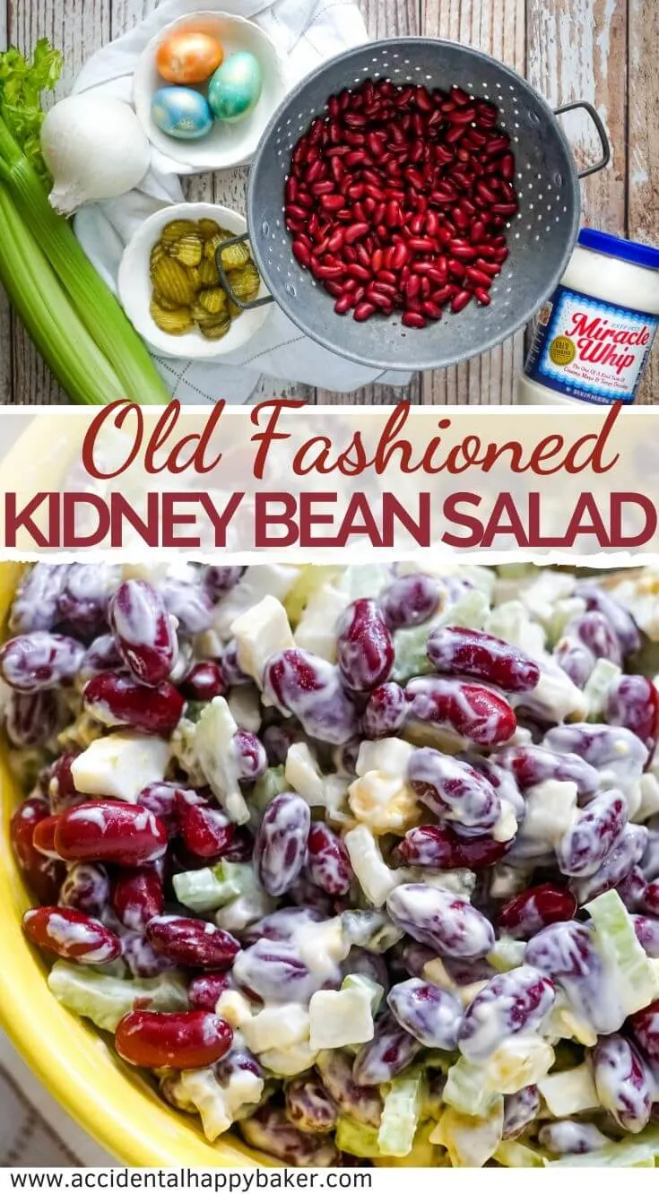 Colorful, crunchy and fresh, this deliciously easy Old Fashioned Kidney Bean Salad makes a perfect cold side dish and takes just a few minutes to make. #beansalad #kidneybeansalad #accidentalhappybaker