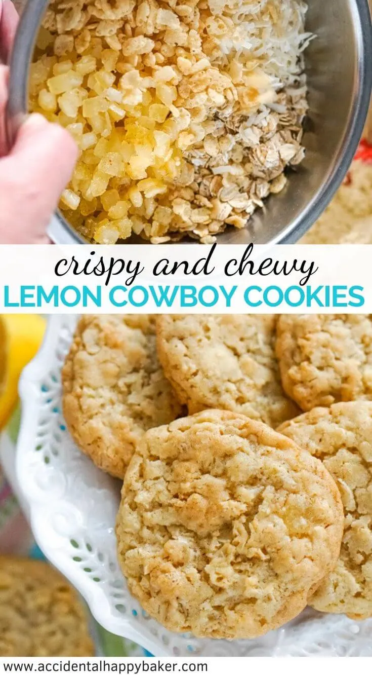 Lemon Cowboy Cookies are chewy lemon cookies made with oatmeal, crispy rice cereal, flaked coconut, and diced candied lemon peel. These cookies have chewy centers with bits of candied lemon peel and crispy edges. 