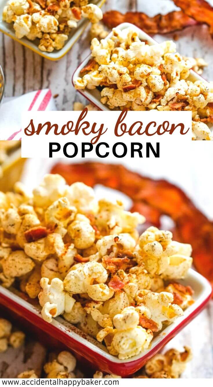 Salty and smoky popcorn with pieces of crispy bacon mixed in makes the perfect snack. Bacon + Popcorn. What’s not to love? #smokybaconpopcorn