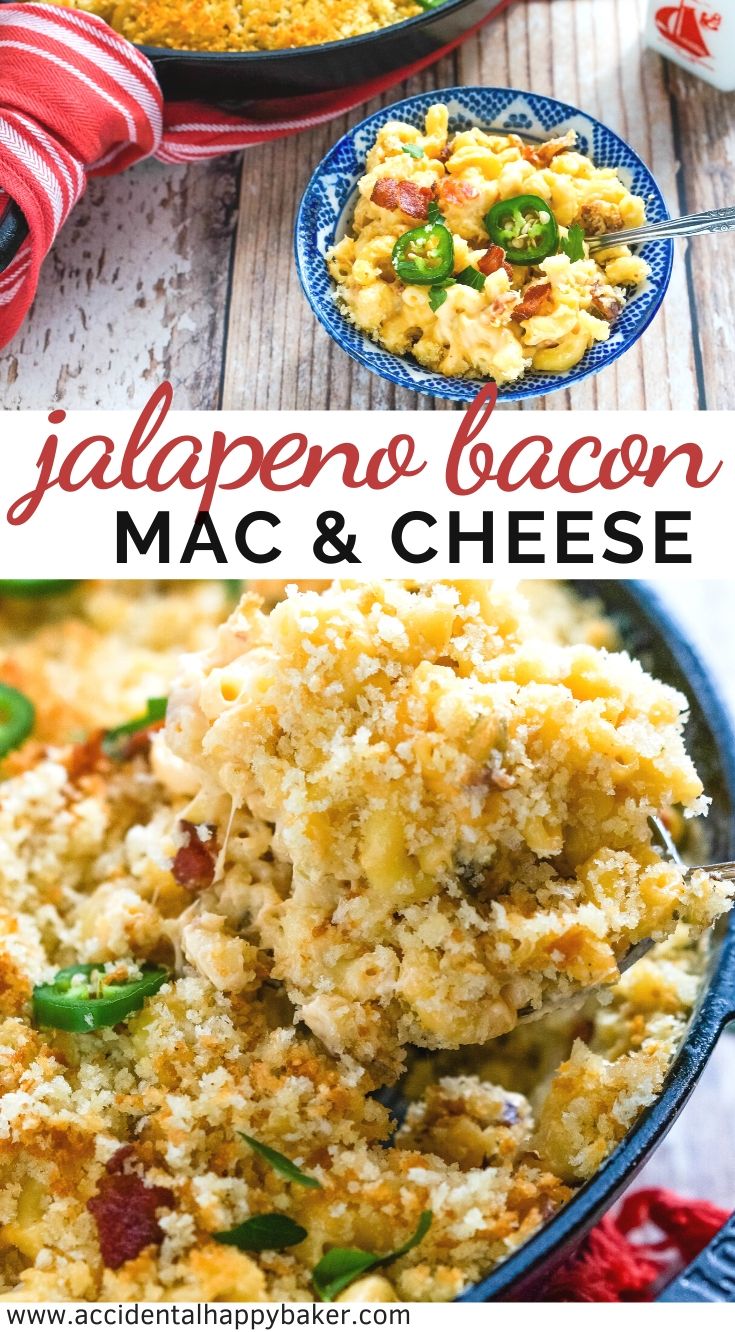 Jalapeno Bacon Mac and Cheese is creamy and cheesy, with spicy jalapenos and crispy bacon! A one pot dish that starts on the stove and finishes in the oven. 