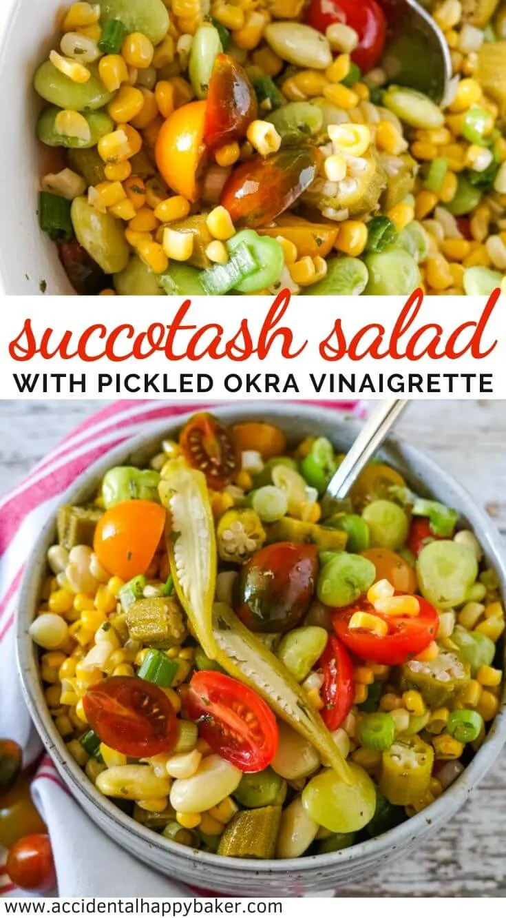 Succotash Salad is a fresh twist on the classic succotash that’s perfect for summer backyard BBQ’s. This salad is full of veggies like corn and lima beans and tossed with a zippy pickled okra vinaigrette. 