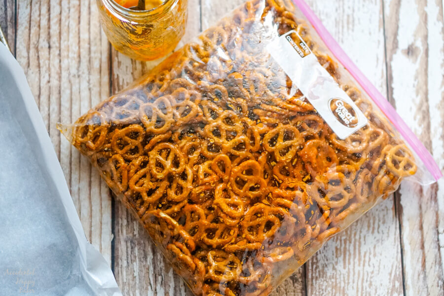 A ziploc bag of pretzels with the spicy sriracha ranch seasoning. 