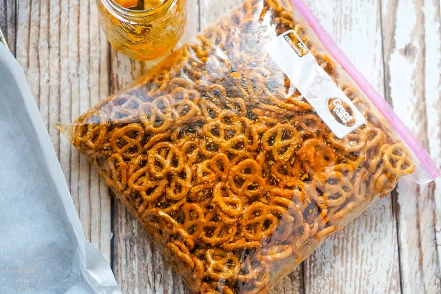 A ziploc bag of pretzels with the spicy sriracha ranch seasoning. 