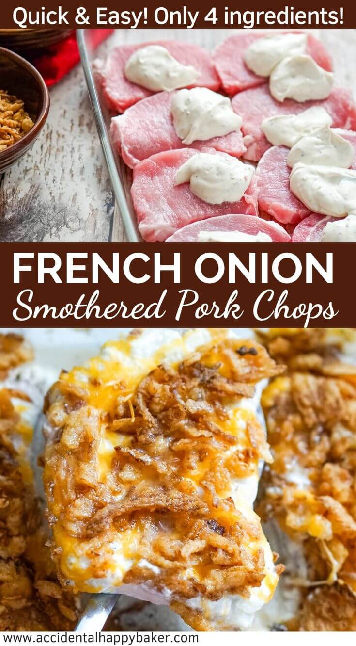 Cheesy and creamy pork chops baked with crunchy French fried onions on top. A 4 ingredient, 4 step easy weeknight dinner in under an hour. 