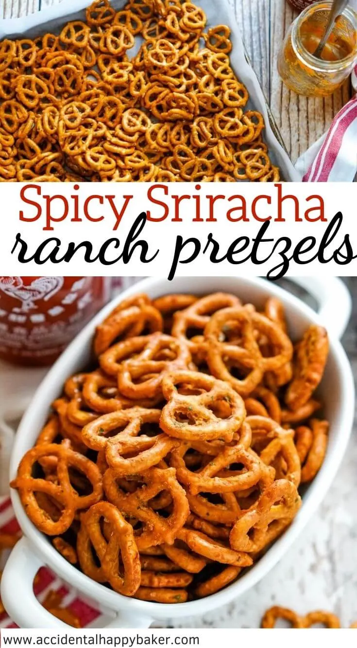 Crunchy, spicy and delicious pretzels baked in homemade sriracha and ranch seasoning.