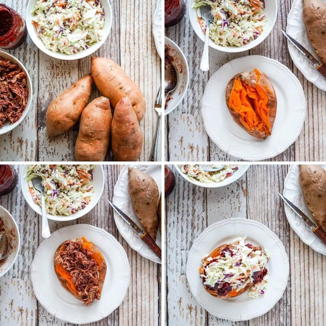 An image collage that shows the steps of stuffing the sweet potatoes. 