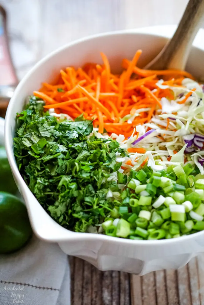 A bowl full of coleslaw mix, shredded carrots, chopped cilantro and green onions. 