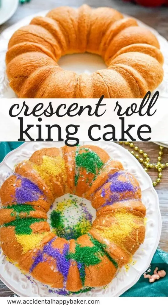 This time saving Crescent Roll King Cake recipe relies on crescent rolls to keep it simple and quick. It has a rich and creamy cinnamon filling that is reminiscent of the inside of a cinnamon roll. It’s baked in a bundt pan, so you don’t have to worry about how the crescent rolls are folded because it will have a pretty and uniform shape.