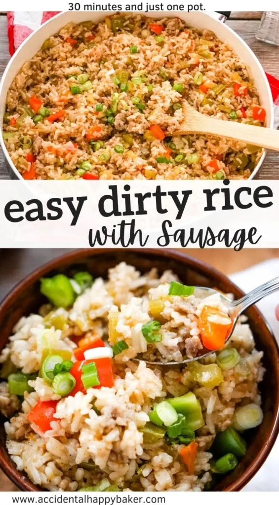 This easy dirty rice with sausage recipe makes a quick and flavorful dish that is full of sausage, rice, and veggies cooking in Cajun spices! It’s easy on the budget, easy to customize with what you have on hand,and works well as a side dish or as a main dish your family will love.