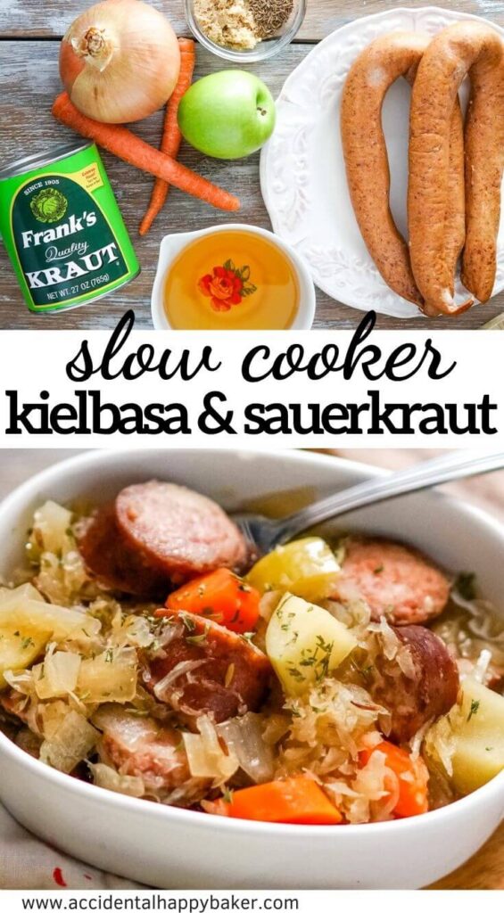 Kielbasa and sauerkraut are slow simmered with veggies, brown sugar, caraway and apple juice for a deliciously easy and comforting meal in the slow cooker.