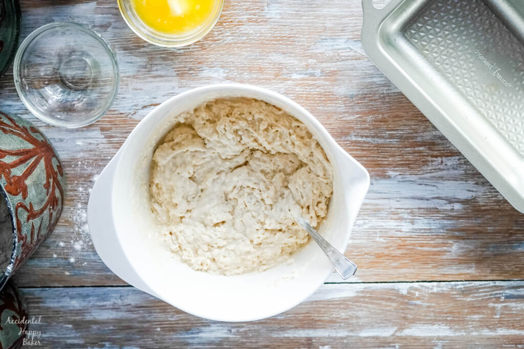 The beer bread batter is mixed just until all the flour is incorporated into the mixture. 