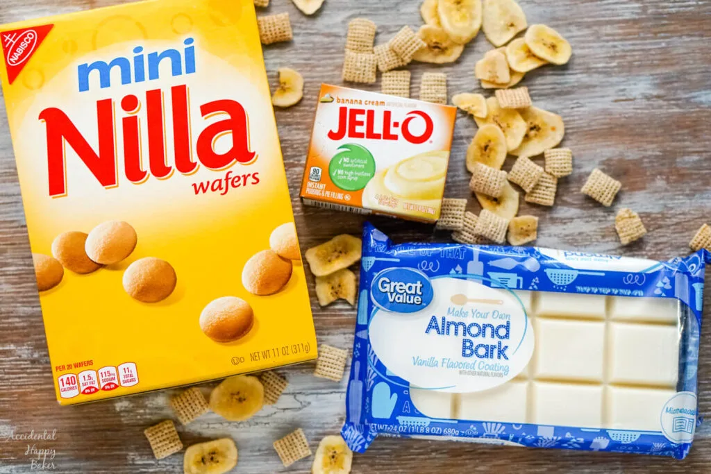 The ingredients you'll need to make this are mini nilla wafer cookies, rice chex cereal, banana chips, almond bark candy, and instant banana pudding mix. 