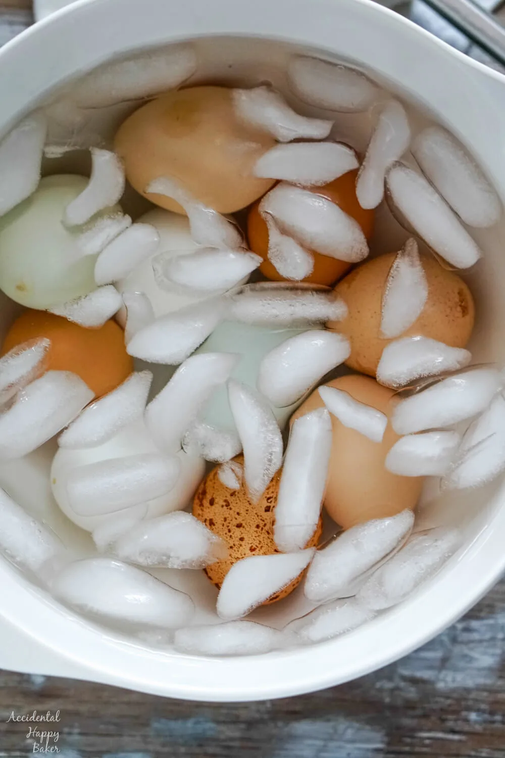 Hard boiled eggs in an ice bath.
