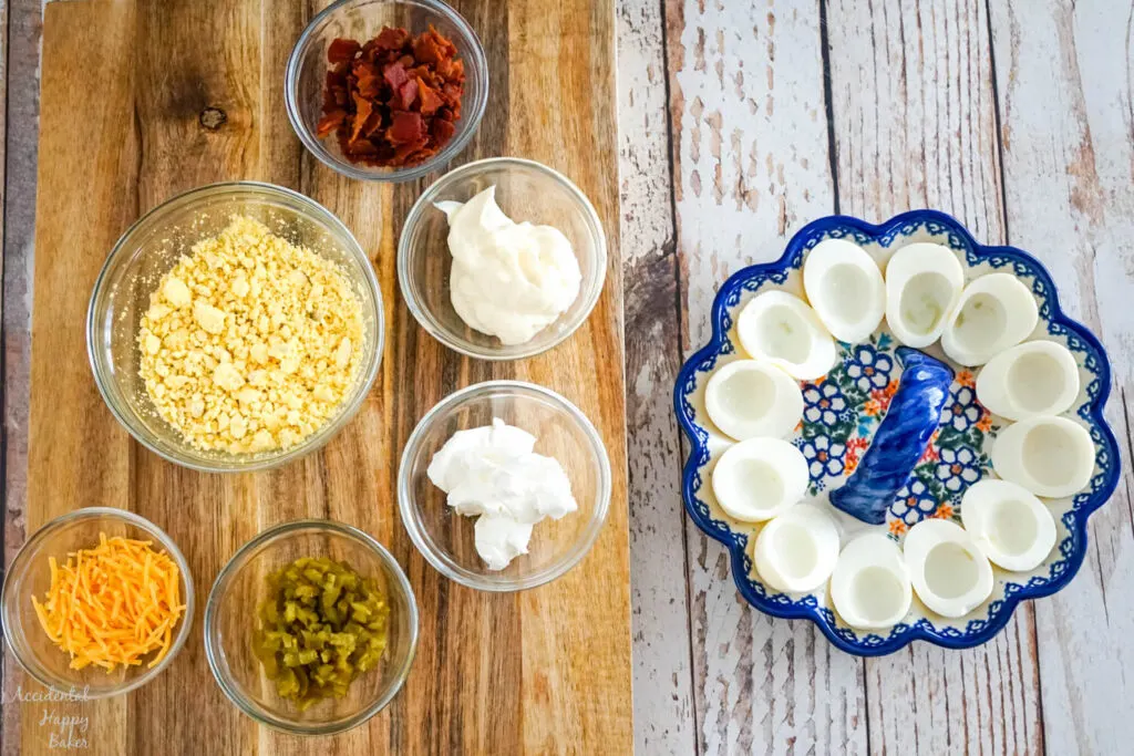 All the ingredients needed to make the jalapeno popper deviled eggs. 