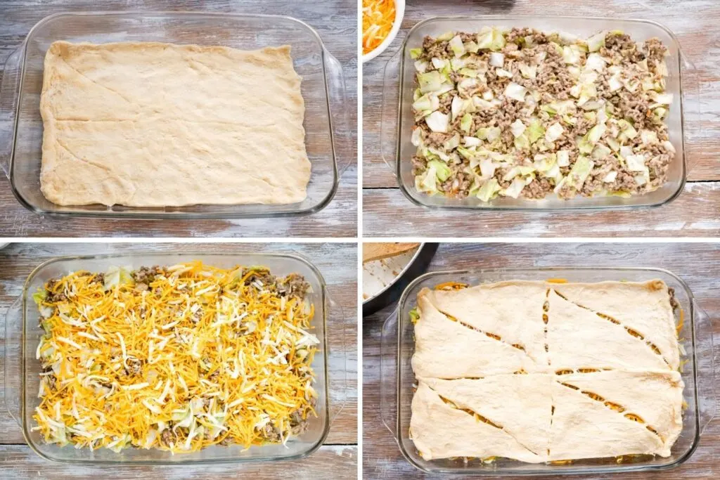 A collage image showing the steps to assemble the casserole. 