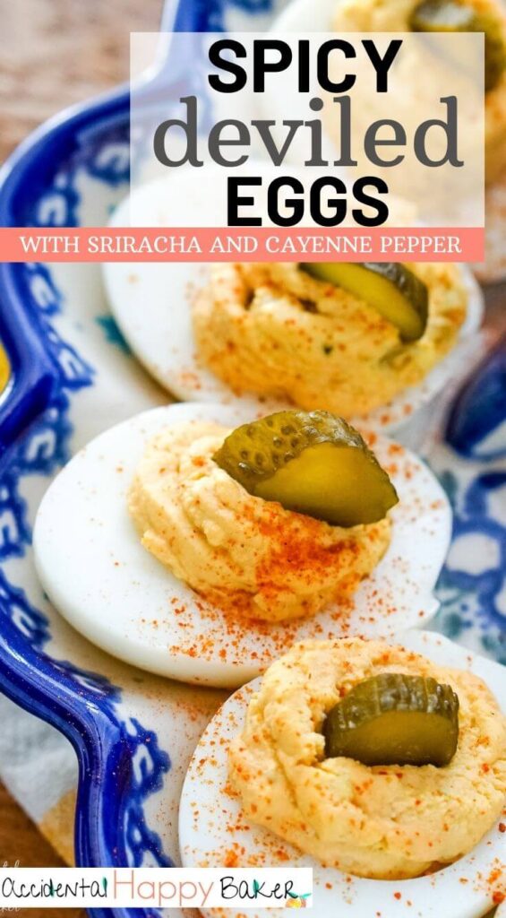 Spicy deviled eggs have a kick of sriracha, a pinch of cayenne, a little mustard and relish for a deviled egg combo that brings the heat. 
