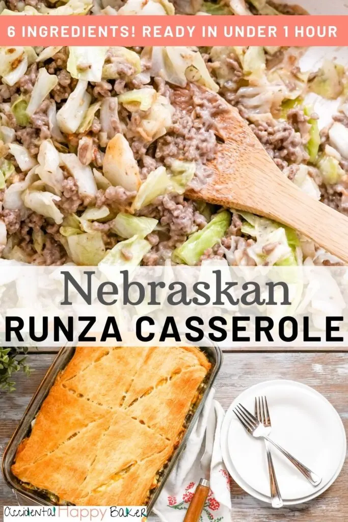 Runza casserole has a hearty and flavorful filling of ground beef and cabbage topped with shredded cheese and sandwiched between layers of crescent rolls. It’s simple, delicious, filling and budget friendly!