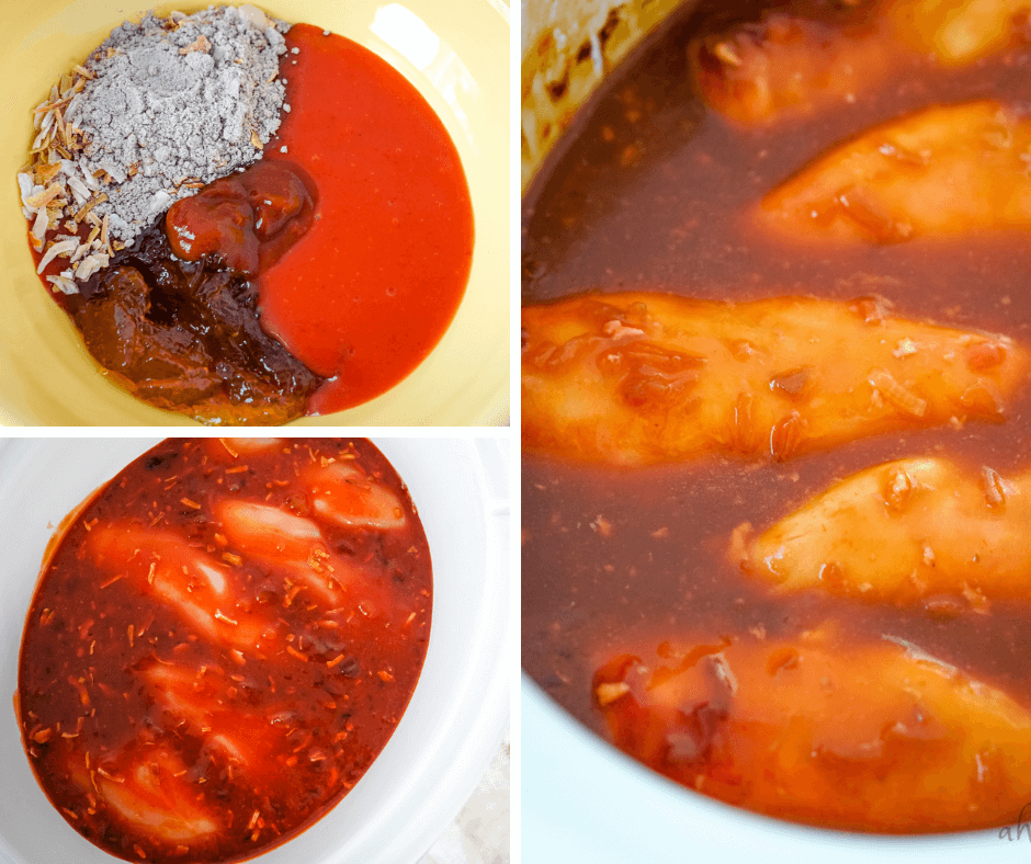 A collage image showing the steps to make Catalina Chicken in the crockpot.