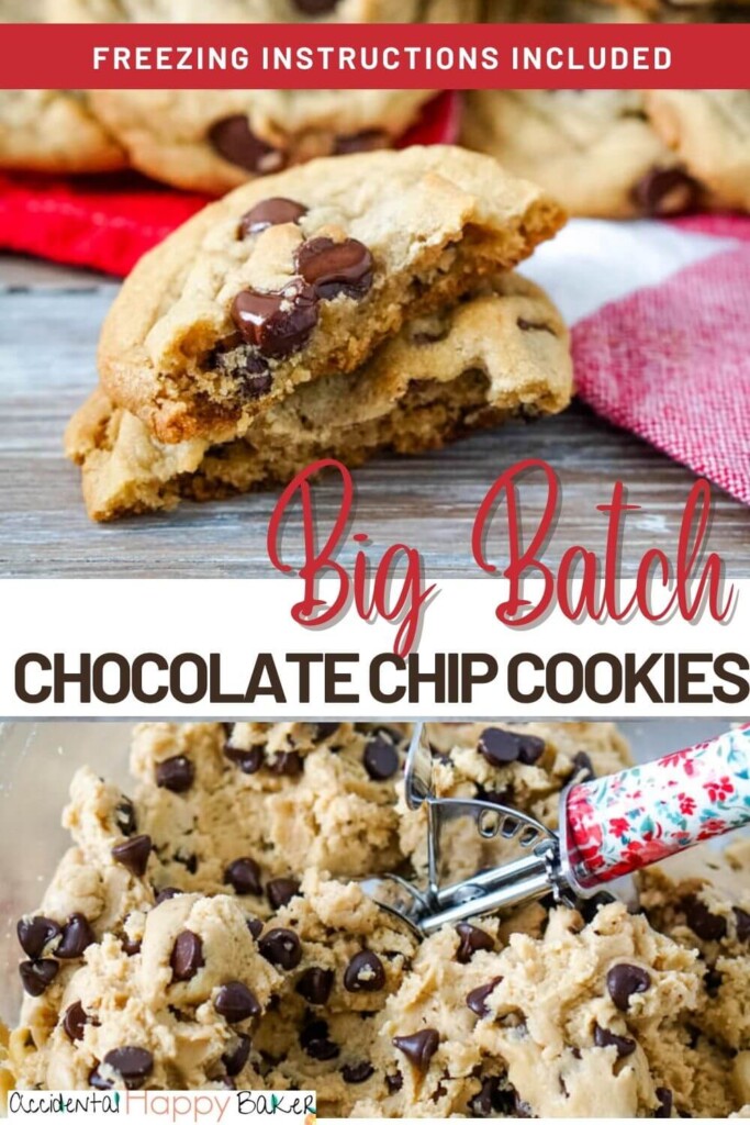 This big batch chocolate chip cookie recipe delivers classic soft and thick chocolate chip cookies loaded with chocolate chips and makes 8 dozen 2.75 inch cookies. Freezer instructions are included. 