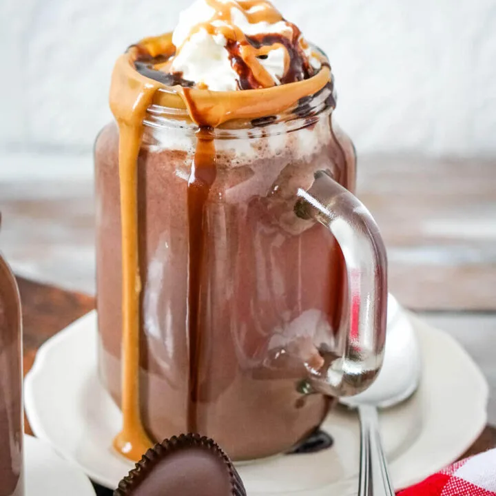 A mug of peanut butter hot chocolate garnished with peanut butter sauce, chocolate syrup and whipped cream.