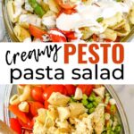 Creamy pesto pasta salad is an easy make ahead salad full of fresh spring vegetables like asparagus, cherry tomatoes, artichokes and is topped with a creamy homemade dressing.