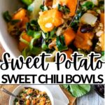 Full of sweet potatoes, bok choy, black beans, rice and topped with sweet chili sauce, these sweet potato sweet chili bowls are a vegetarian, 30 minute recipe that reheats wonderfully.
