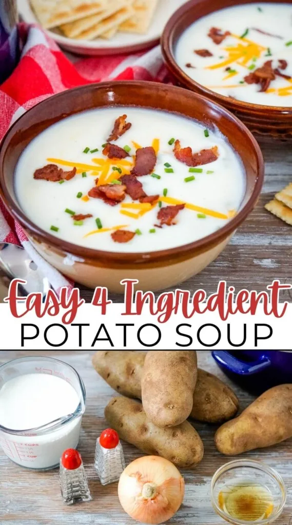 Easy 4 ingredient potato soup topped with bacon, shredded cheddar cheese, chopped chives and 2 cups of half and half, salt and pepper, a yellow onion, a small bowl of bacon grease, four russet potatoes, and a large blue stockpot.