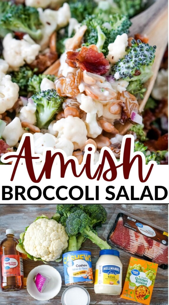 This creamy and crunchy Amish Broccoli Cauliflower Salad recipe is an old-fashioned country favorite! This easy-to-make salad is packed with fresh broccoli, cauliflower, cashews, bacon, and raisins and tossed with a tangy homemade dressing. It’s the perfect summer salad to take to a backyard barbecue! 

