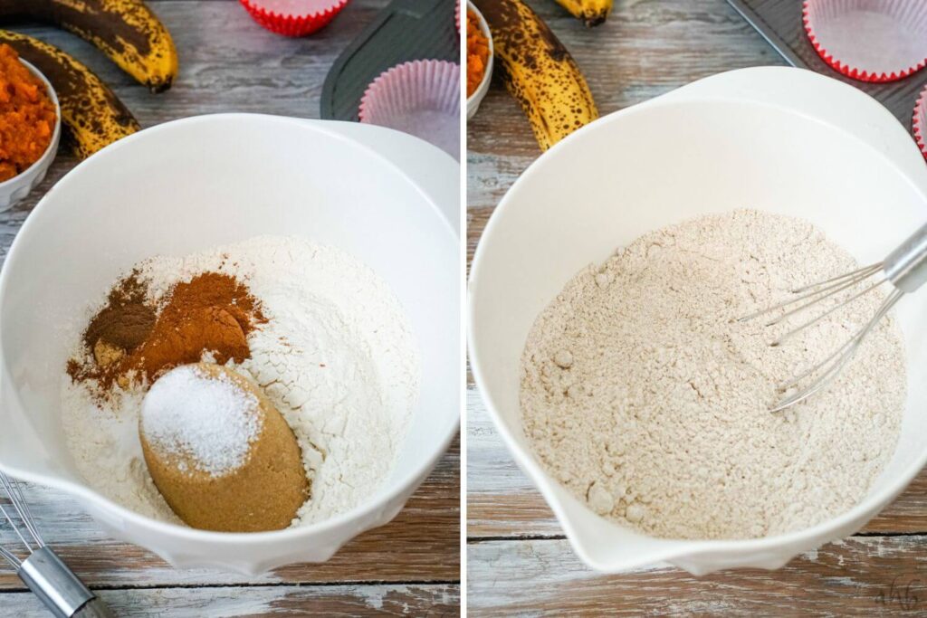 First flour, brown sugar, baking soda, salt, ground cinnamon, ground ginger, and ground allspice in a medium sized white mixing bowl. Second, all of those ingredients mixed together with a whisk.
