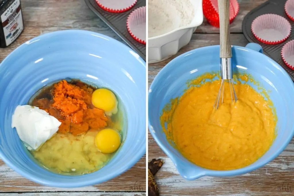 First, mashed bananas, two eggs, pumpkin, sour cream, oil, and vanilla in a blue mixing bowl. Second, all of those ingredients mixed together in a blue mixing bowl.