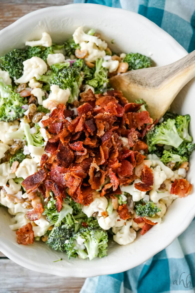 Bacon is stirred into the salad just before serving. 
