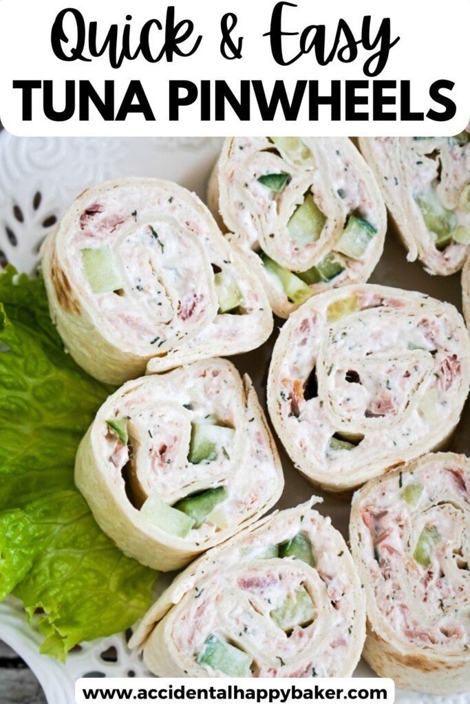 Tuna Pinwheels combine tuna with cream cheese, mayo, dill weed and fresh cucumbers for a tuna salad meets cucumber sandwich combo that is perfect for a party appetizer or on the go lunch!