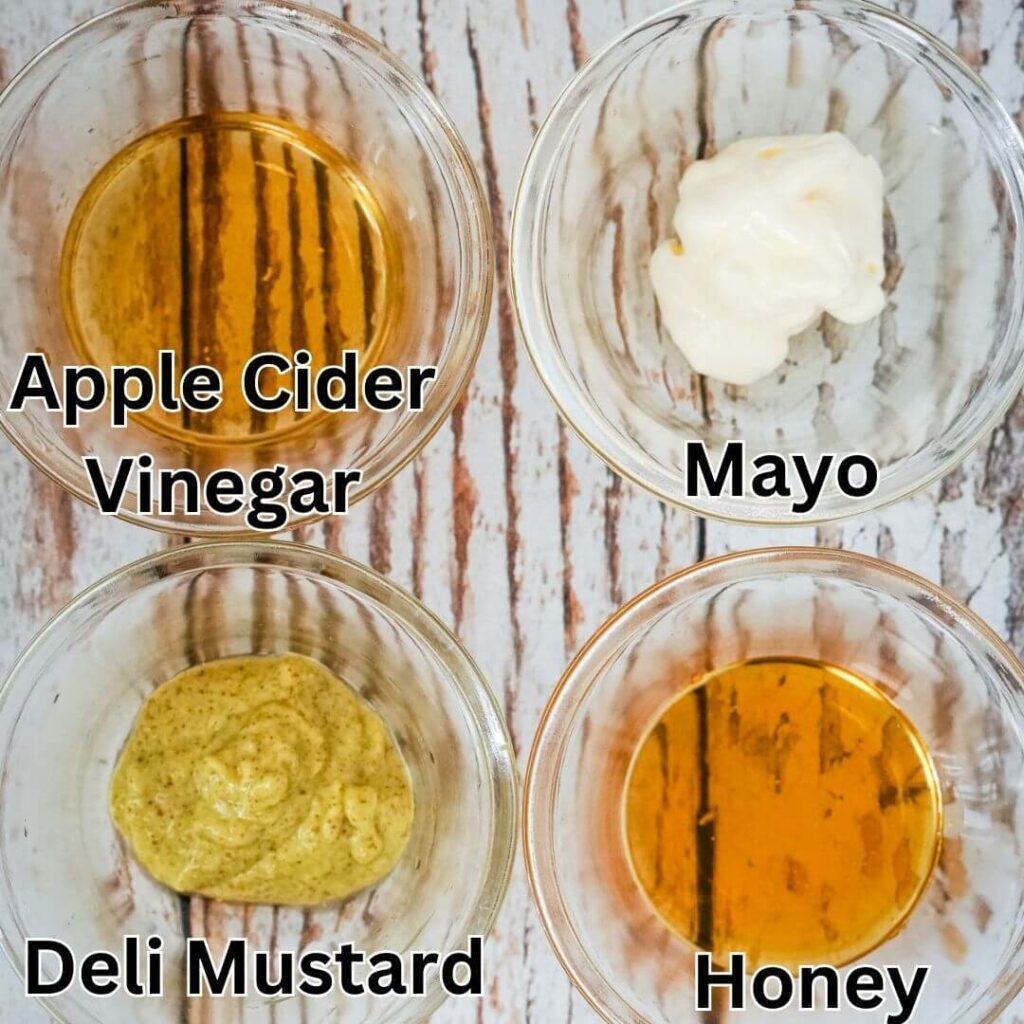 Four clear bowls with apple cider vinegar, mayo, deli mustard, and honey.