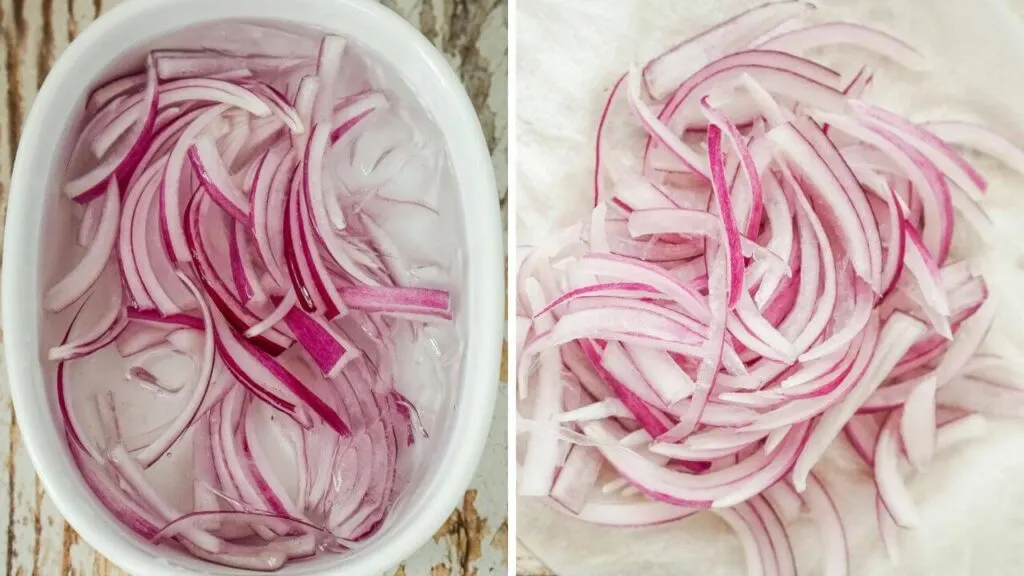On the left, a bowl of thinly sliced red onion in a bath of ice water. On the right, sliced red onion drying on a white towel.