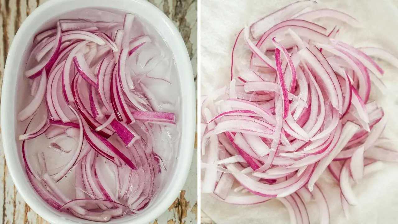 The red onion is soaked in an ice bath and then dried on a paper towel.