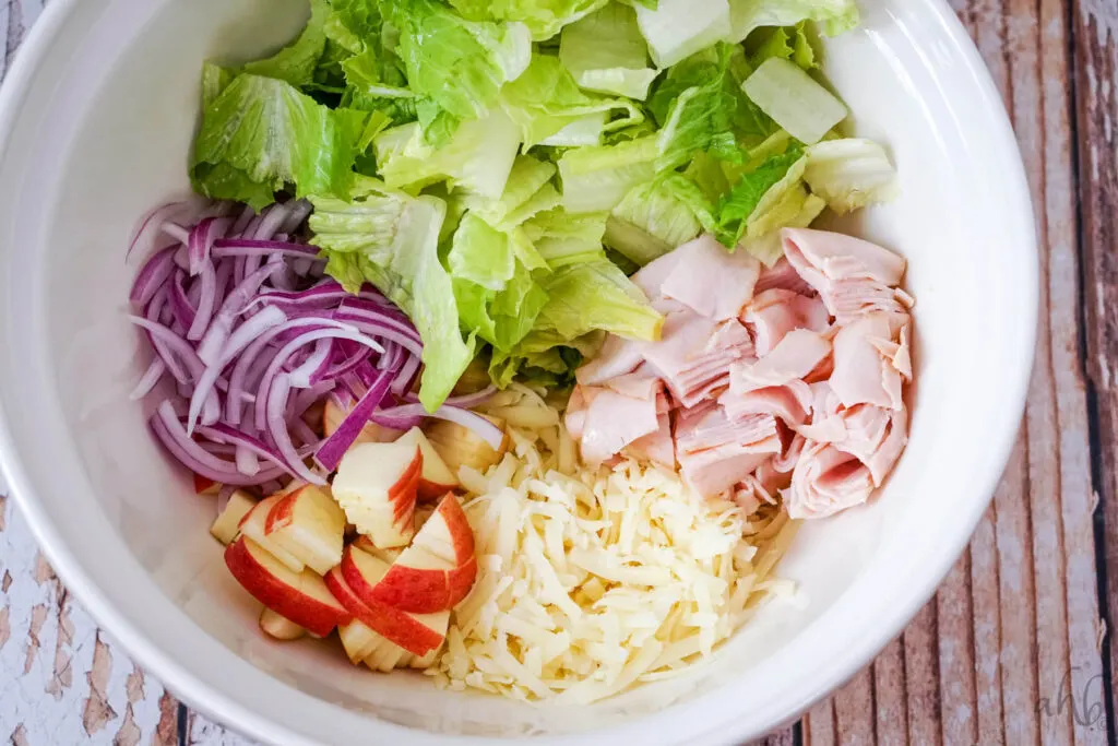 A white bowl of chopped lettuce, turkey, and apples with shredded swiss cheese and red onion.