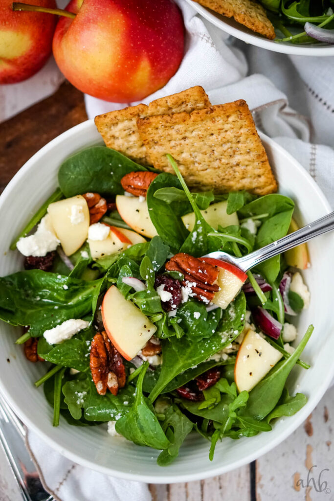 A serving of Apple Feta Spinach Salad served with two crackers and a fork.