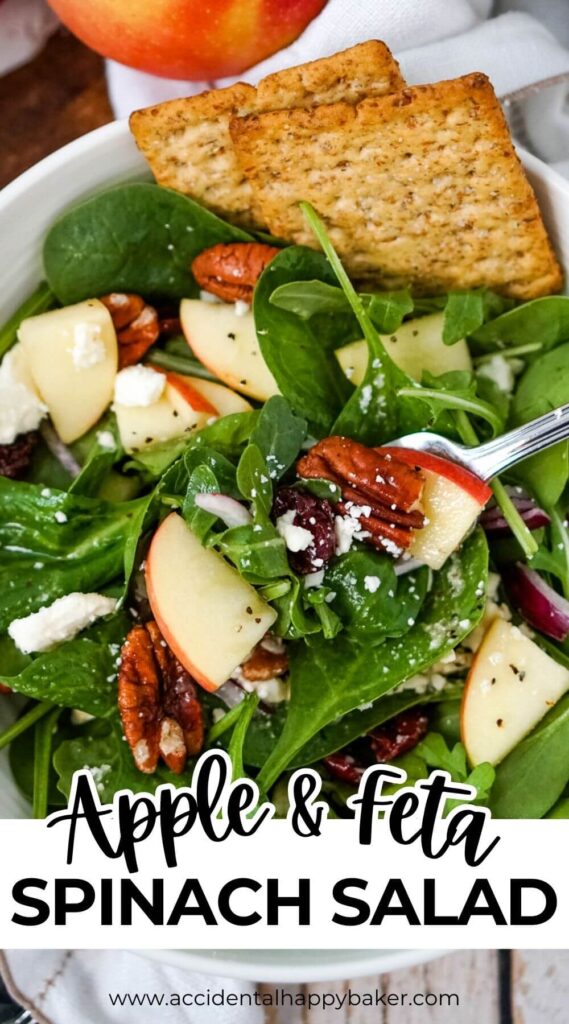This Apple Feta Spinach Salad is crunchy, sweet and tangy with a homemade maple vinaigrette. It’s so simple to make and is always a crowd pleaser! I never end up with any left. 