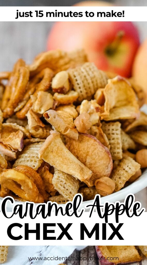 Ready in only 15 minutes, this addictive sweet and salty caramel apple Chex mix with pretzels and peanuts is the perfect fall snack! 