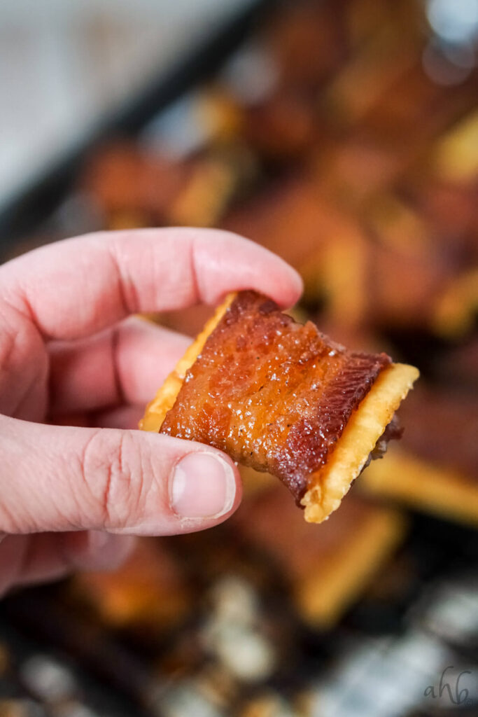A hand holding a crispy Cajun Candied Bacon Cracker.