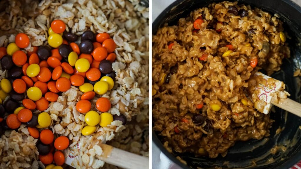 Rice Krispies and Reese's pieces are stirred into the smooth mixture.