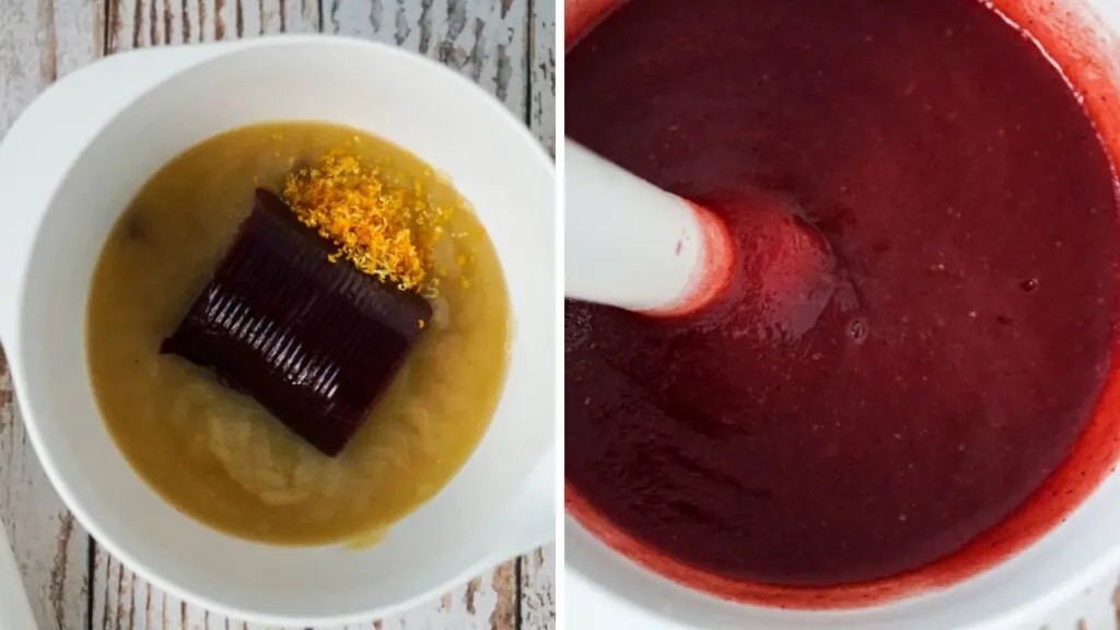 A collage image that shows the ingredients to make cranberry orange fruit leather and then mixture being blended with an immersion blender.