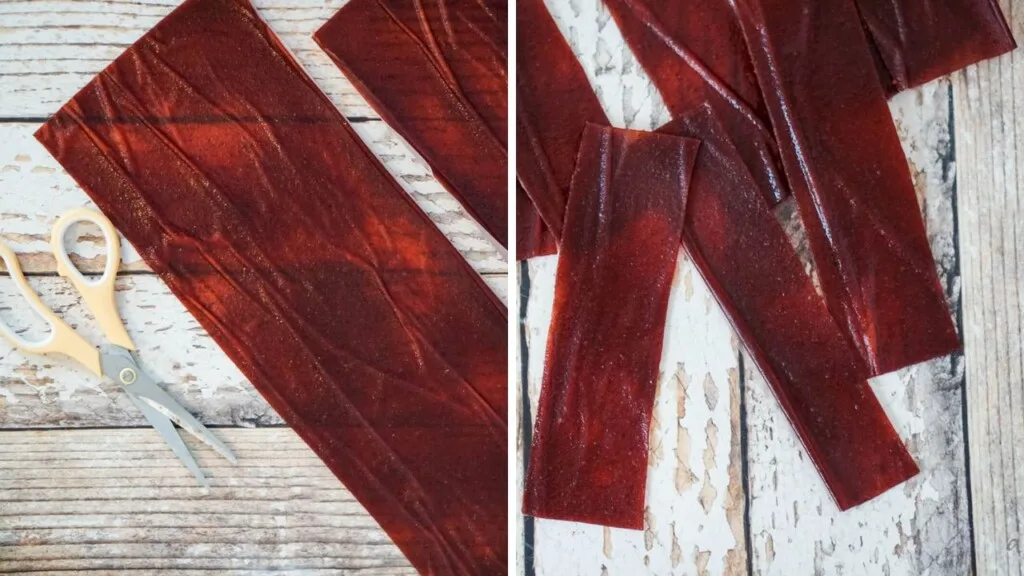 A collage image that shows cutting the cranberry orange fruit leather with scissors. 