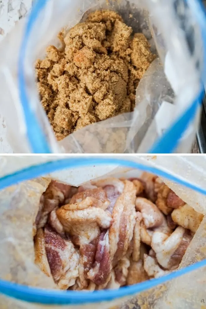 Brown sugar, cajun seasoning, and cayenne pepper mixed together into a Ziploc bag. Then bacon pieces are added to the bag and mixed in the seasoning.