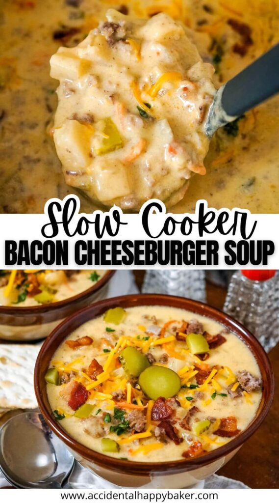 This easy cheesy Slow Cooker Bacon Cheeseburger Soup is so simple to make! Only 3 steps to a comforting and creamy soup that’s full of hamburger, bacon, cheese, and potatoes. 