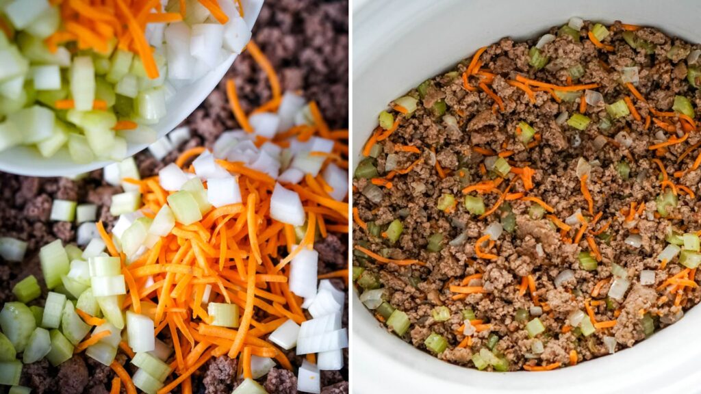 Shredded carrots, chopped celery, and chopped onion added to browned ground beef, then transferred to a slow cooker.