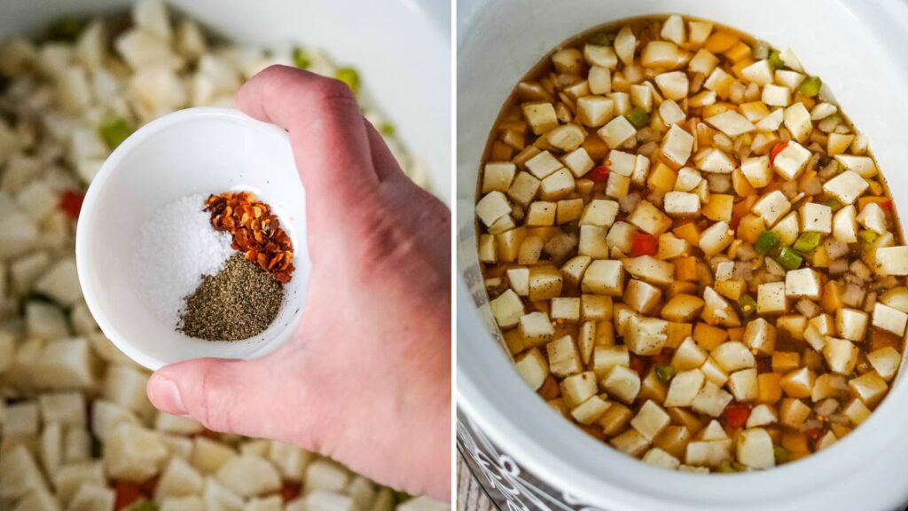 Seasonings and potatoes are added to the slow cooker.