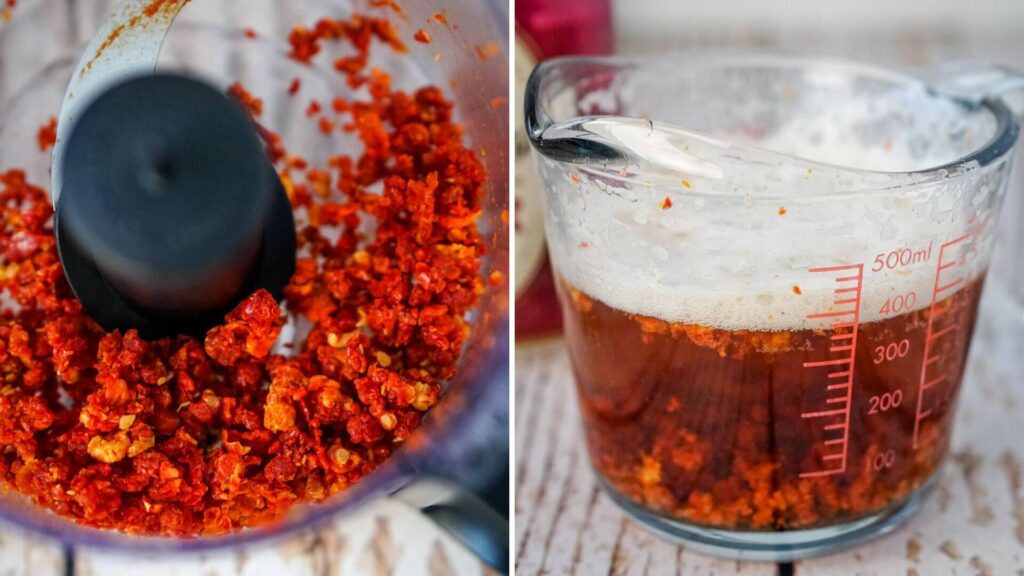 Sun dried tomatoes ground in a food processor and then soaked in beer. 