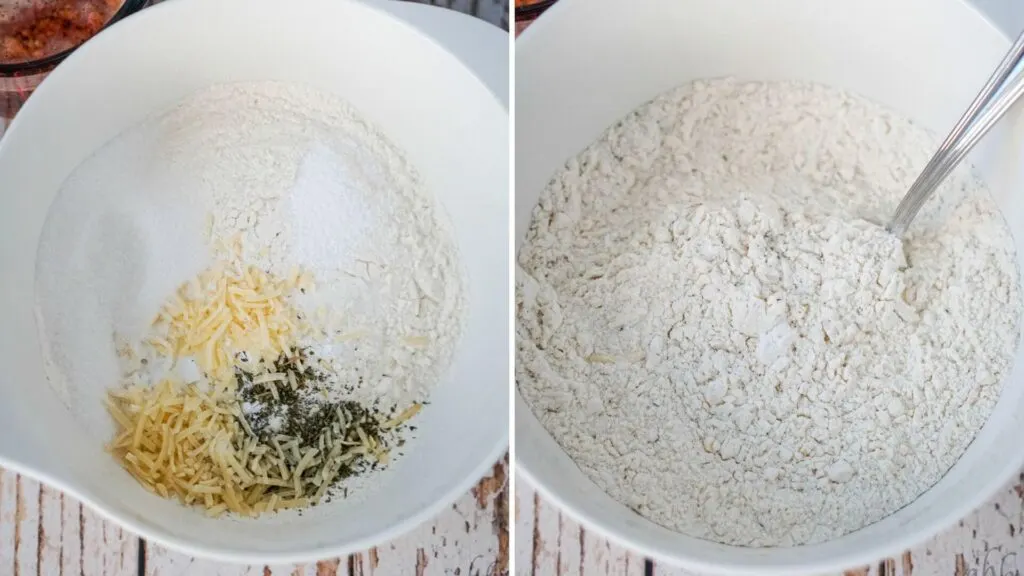Flour, garlic, Italian seasoning, and 2 Tablespoons of Parmesan cheese, sugar, salt, and baking powder in a mixing bowl.